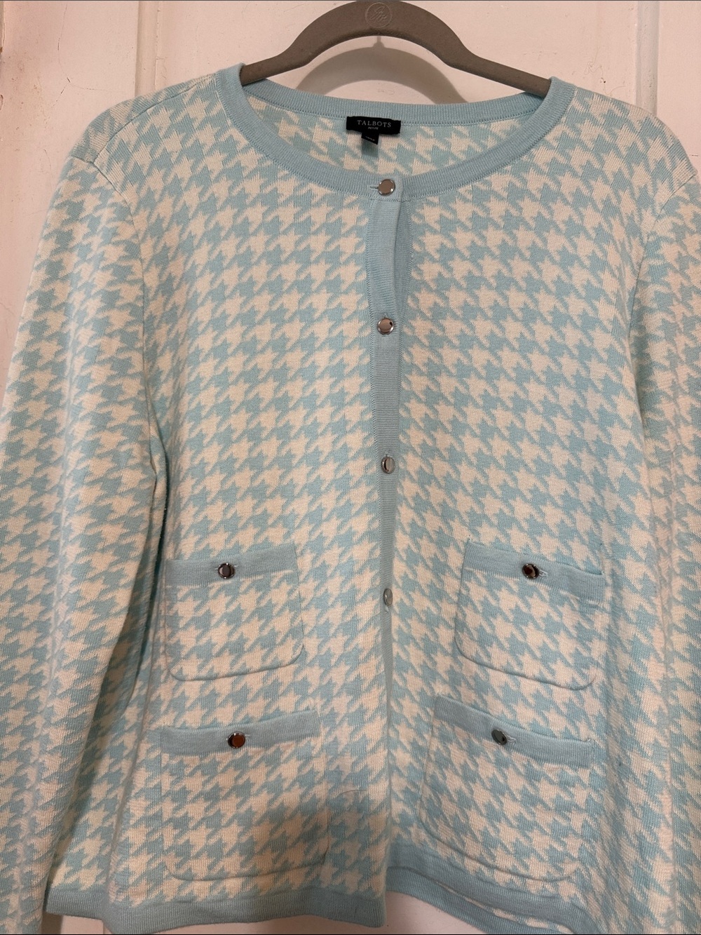 Talbots Light Blue and White Houndstooth Knit Cardigan